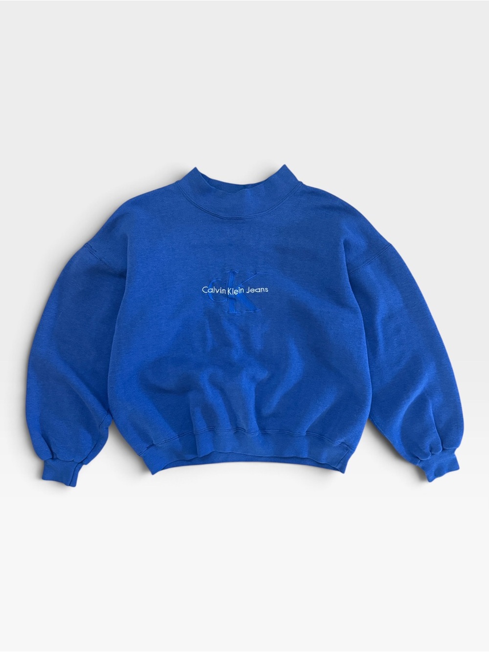 VTG 90s Calvin Klein Jeans Washed Cobalt Blue Embroidered Mock Neck Sweater